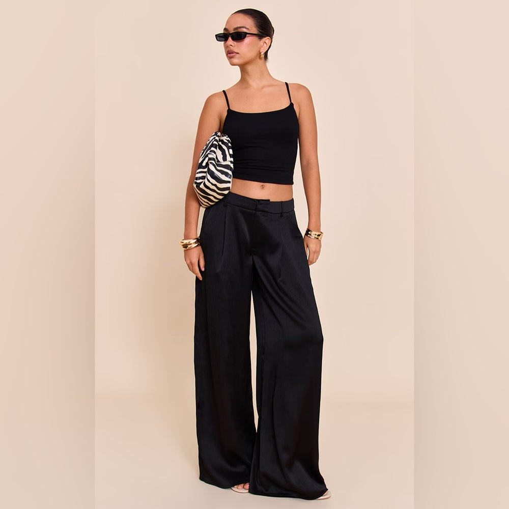 Black Textured Satin Double Pleat Wide Leg Pant